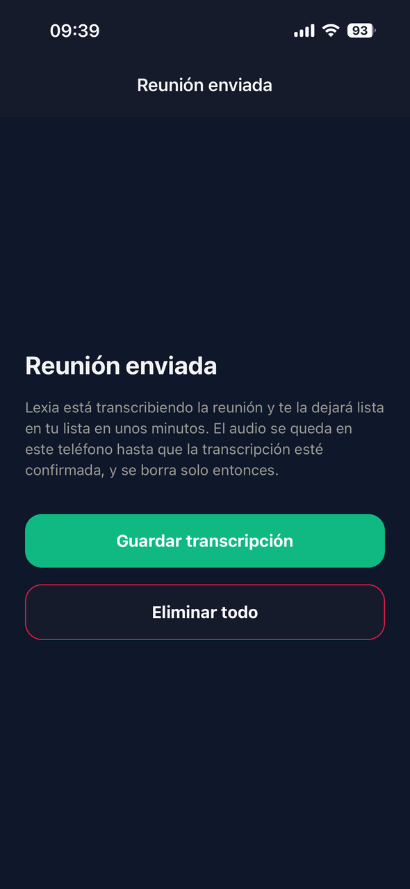 Lexia confirmando que la reunión se ha enviado y se está procesando