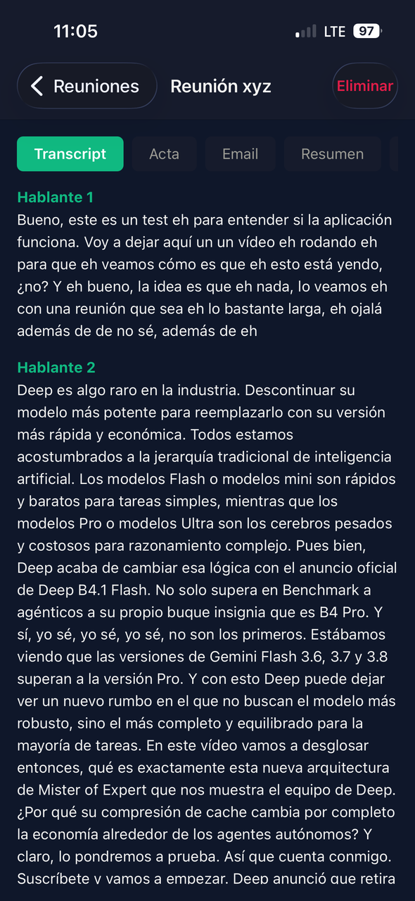 Transcripción de la reunión en curso dentro de la app