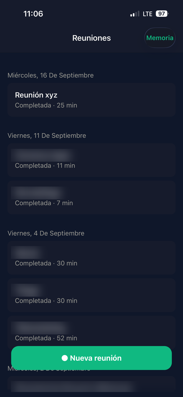 Lista de tareas de la reunión completada dentro de la app Lexia