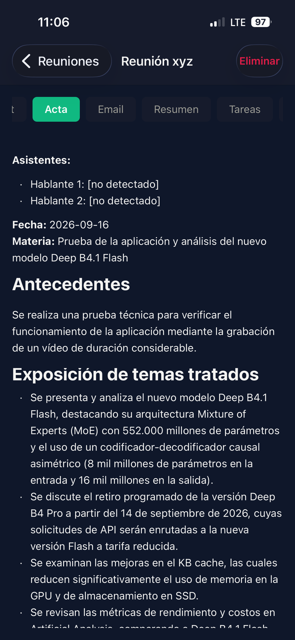 Acta generada por Lexia con los acuerdos, los responsables y las fechas de la reunión